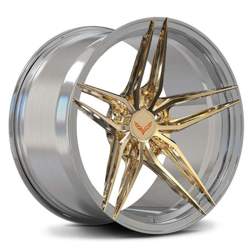Custom forged 5 spoke chrome rim, gold finish, designed for Corvette C8 and other high-performance vehicles.